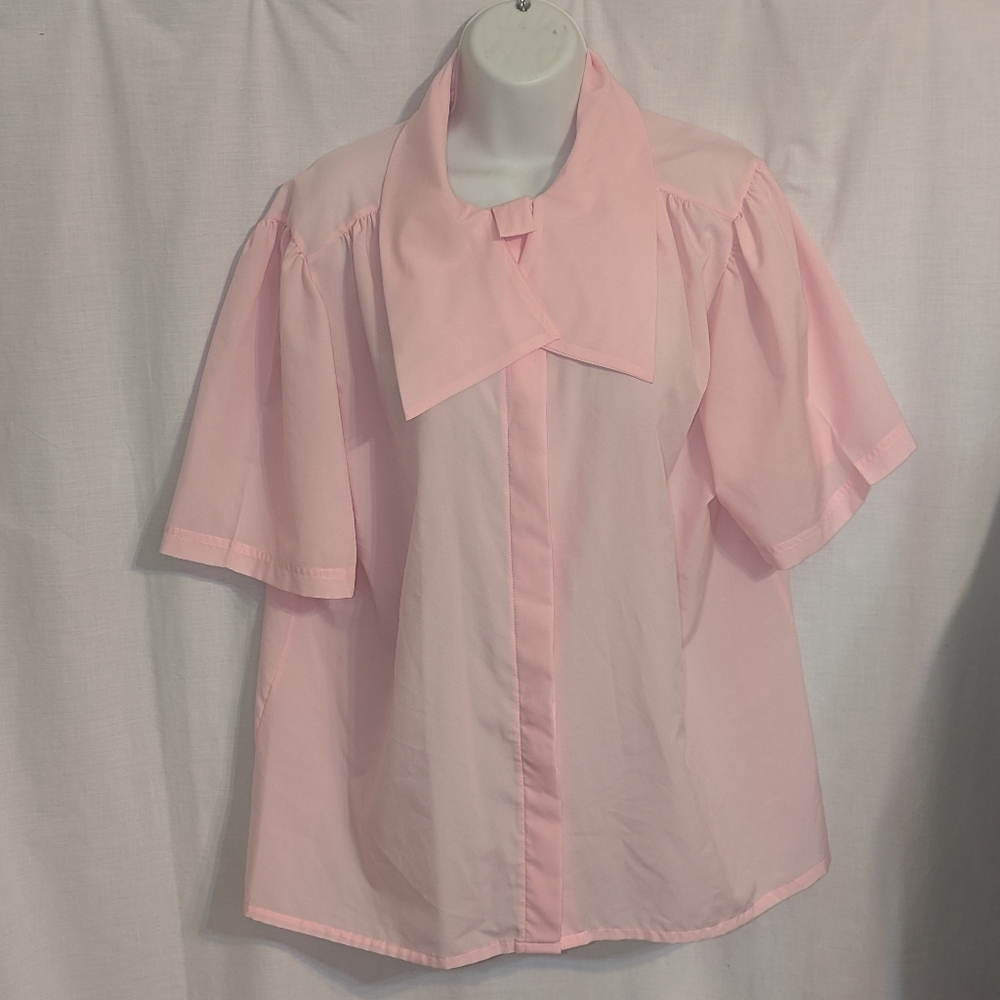 Vintage 80s Ms Bond Pale Pink Balloon Sleeve Secretary Blouse With Wing Collar